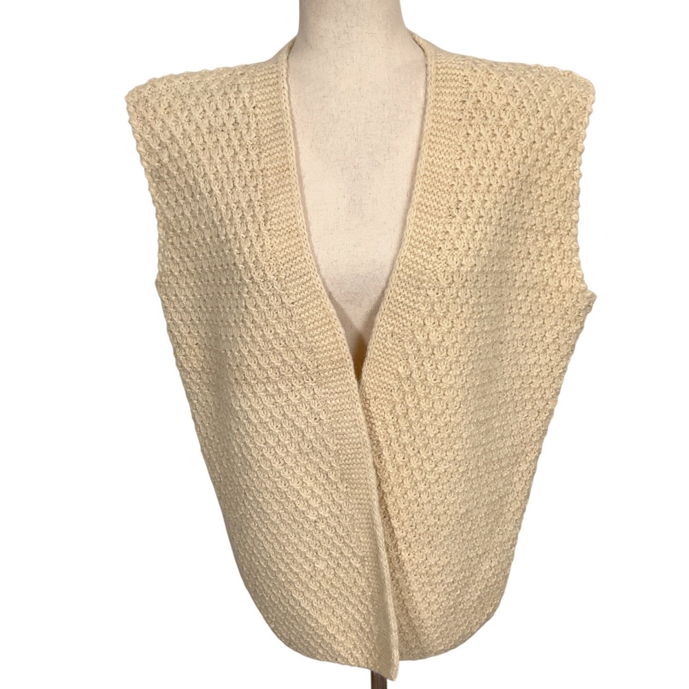 Vintage Handknit Hvy Irish Sweater Vest‎ Womens 2XLarge Ivory Popcorn Sleeveless